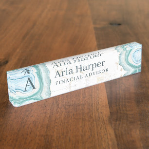 Elegant Green Geode Gold Glitter Agate Monogram Nameplate