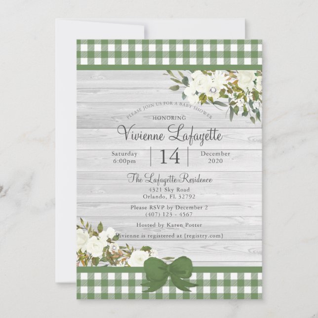 Elegant Green Gingham Floral Baby Shower Invitation (Front)