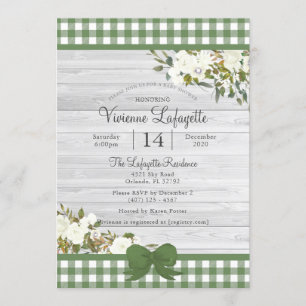 Elegant Green Gingham Floral Baby Shower Invitation