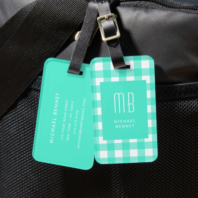 Elegant Green Gingham Monogram Luggage Tag (Elegant Green Gingham Monogram Luggage Tag)