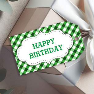 Elegant Green Gingham Pattern Customised Birthday Gift Tags