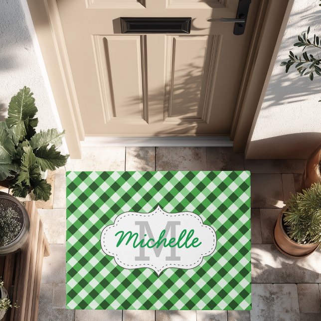 Elegant Green Gingham Pattern Personalised Name Doormat (Creator Uploaded)
