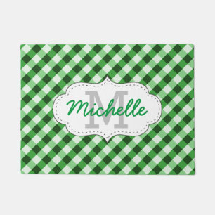 Elegant Green Gingham Pattern Personalised Name Doormat
