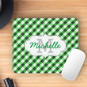 Elegant Green Gingham Pattern Personalised Name Mouse Mat