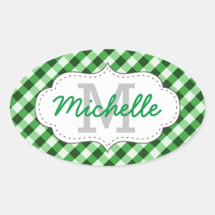 Elegant Green Gingham Pattern Personalised Name Oval Sticker