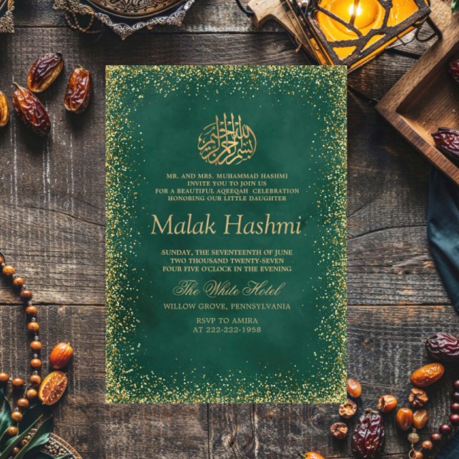 Elegant Green Gliter Baby Islamic Aqiqa  Invitation (Creator Uploaded)