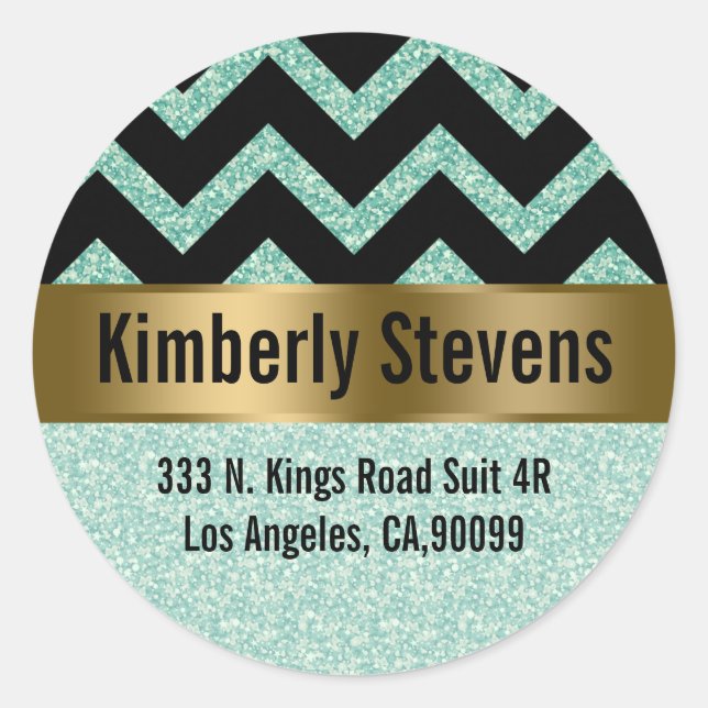 Elegant Green Glitter Black Chevron Gold Accents Classic Round Sticker (Front)