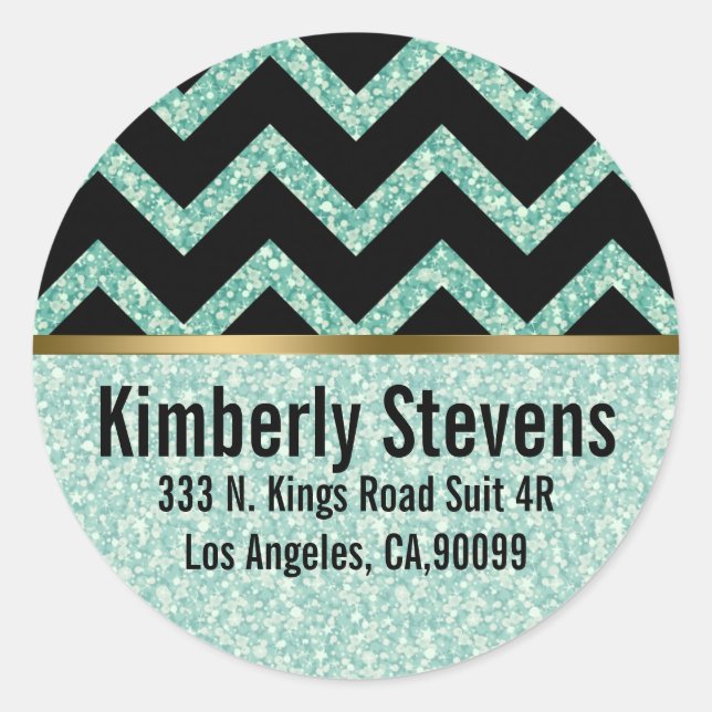 Elegant Green Glitter Black Chevron Gold Accents Classic Round Sticker (Front)