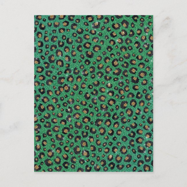 Elegant Green Glitter Black Gold Leopard Print  Holiday Postcard (Front)