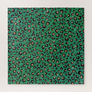 Elegant Green Glitter Black Gold Leopard Print  Jigsaw Puzzle