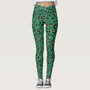 Elegant Green Glitter Black Gold Leopard Print Leggings