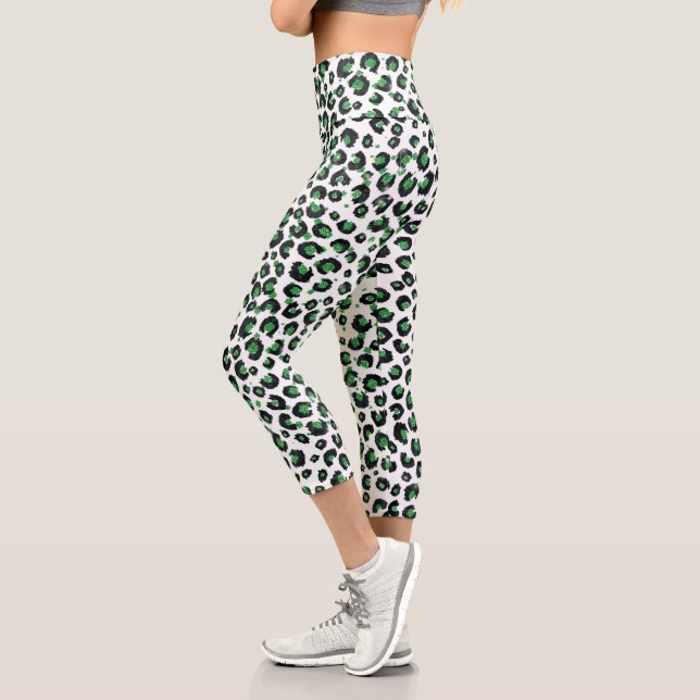 Elegant Green Glitter Black Leopard Animal Print Capri Leggings (Left)