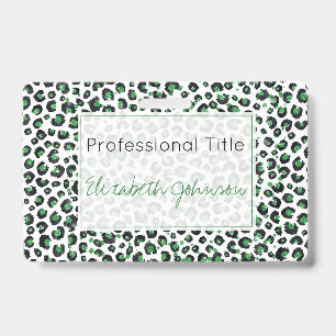 Elegant Green Glitter Black Leopard Animal Print ID Badge