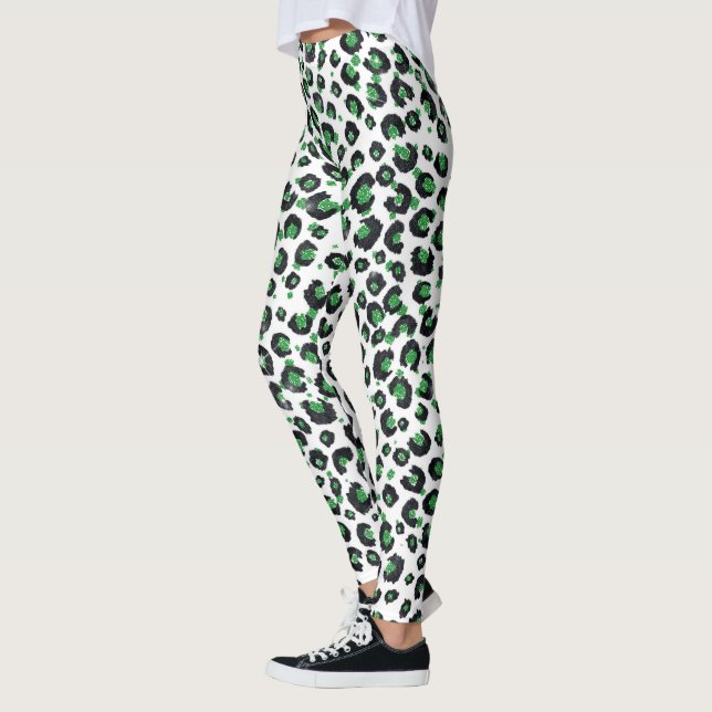 Elegant Green Glitter Black Leopard Animal Print Leggings (Left)