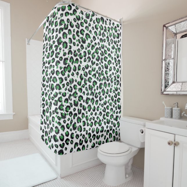 Elegant Green Glitter Black Leopard Animal Print Shower Curtain (In Situ)