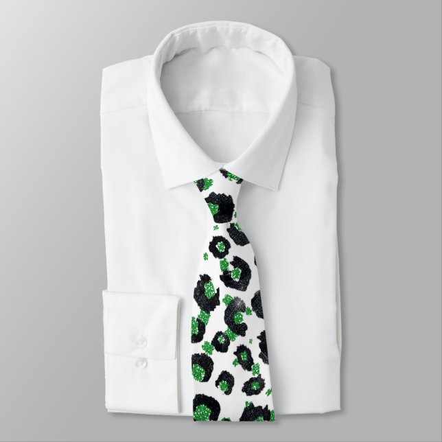 Elegant Green Glitter Black Leopard Animal Print Tie (Tied)