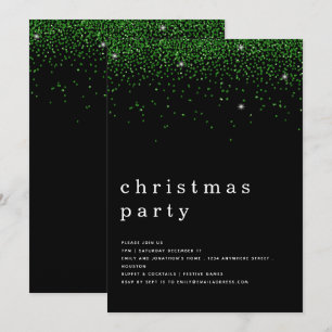 Elegant Green Glitter Christmas Party Black Invitation
