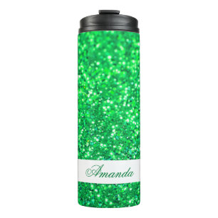 Elegant Green Glitter Custom Name Thermal Tumbler