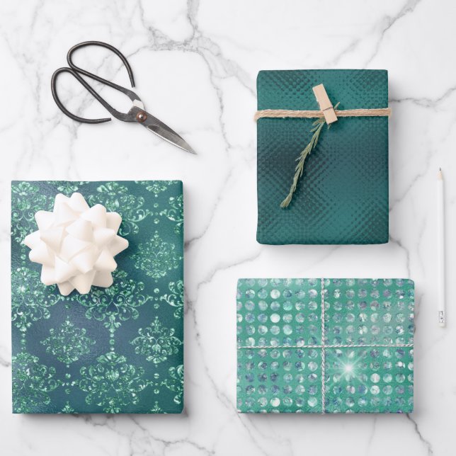 Elegant Green Glitter Damask Gift Wrapping Paper Sheet (Front)