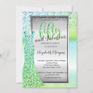 Elegant Green Glitter Dress 50th Birthday Invitation