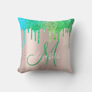 Elegant Green Glitter Drips Rose Gold  Monogram Cushion