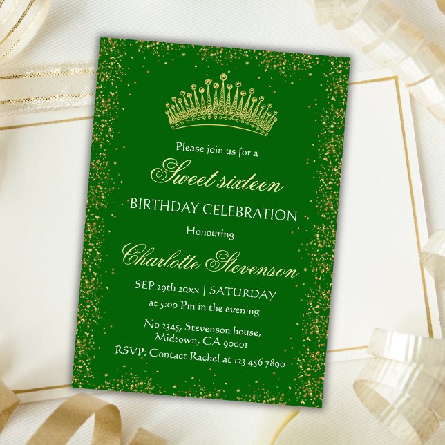 Elegant Green Glitter Gold Crown Sweet 16 Birthday Invitation (Creator Uploaded)