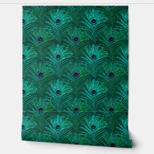 Elegant Green Glitter Peacock Feathers Chic Wallpaper