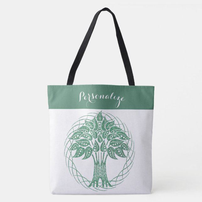 Elegant Green Glitter Tree of Life Zen Yoga Tote Bag (Front)