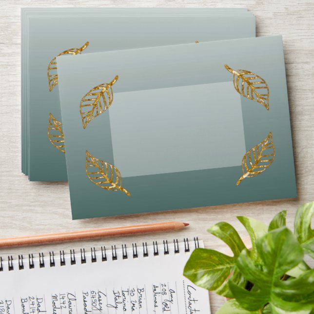 Elegant Green Glitter with Gold Leaves Envelope (Stacked)