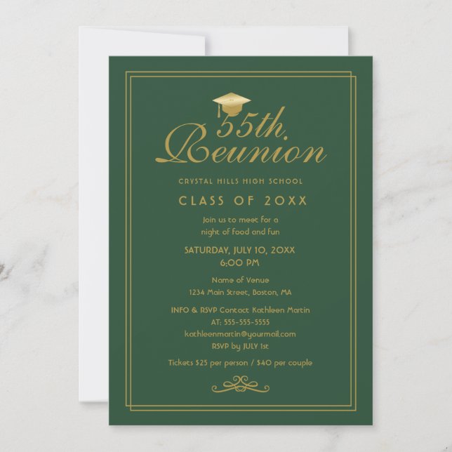Elegant Green Gold 55th Class Reunion Invitation (Front)