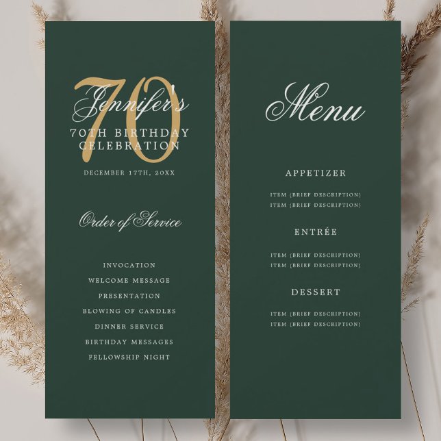 Elegant Green Gold 70th Birthday Program Menu Invitation (Elegant Green Gold 70th Birthday Program Menu)