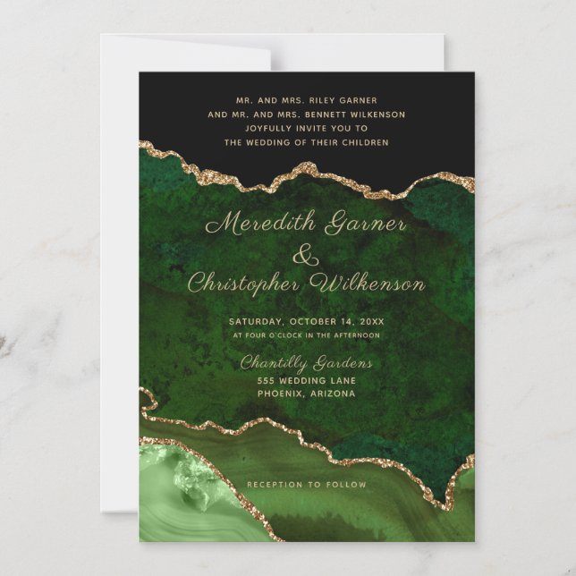Elegant Green Gold Agate Glitter Wedding Magnetic Invitation (Front)