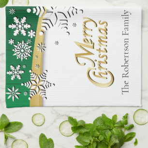 Elegant Green, Gold and White Christmas Tea Towel