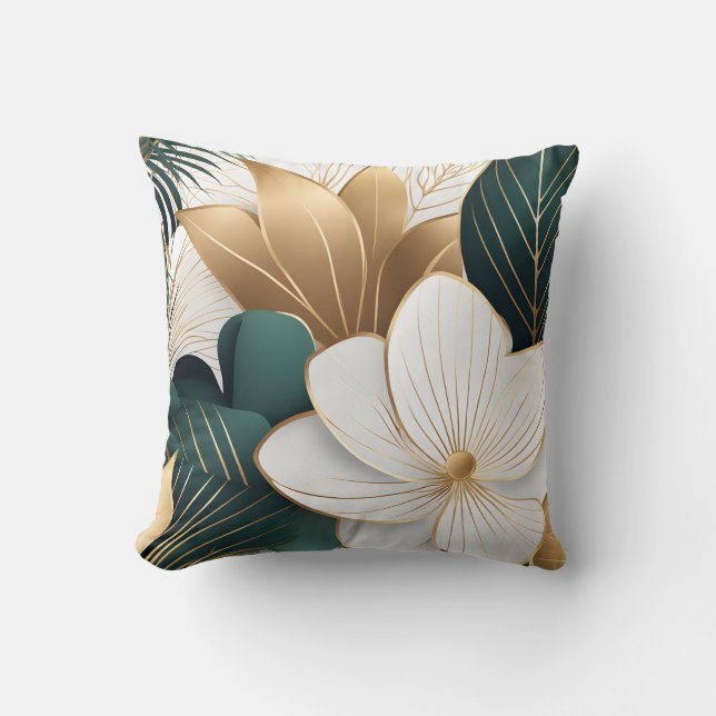 Elegant Green Gold and White Floral Cushion (Front)
