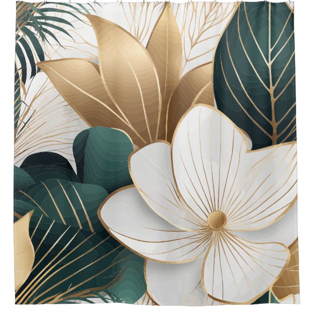Elegant Green Gold and White Floral Shower Curtain (Front)
