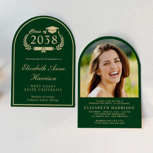 Elegant Green Gold Arch Photo Graduation Party Invitation