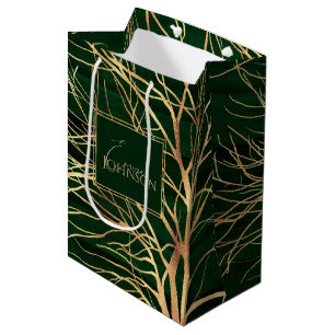Elegant Green Gold Autumn Tree Drawing Medium Gift Bag