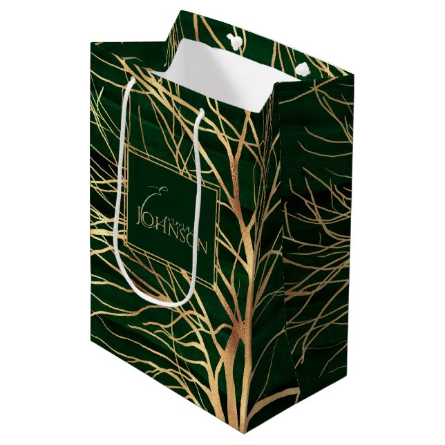 Elegant Green Gold Autumn Tree Drawing Medium Gift Bag (Front Angled)