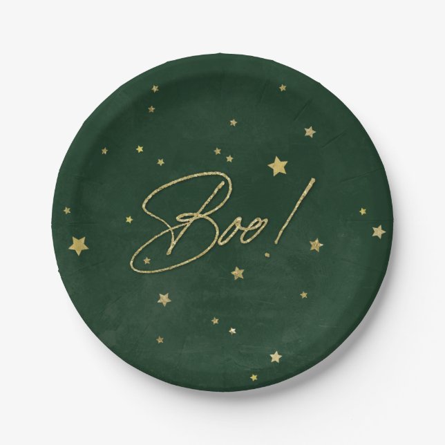 Elegant Green/Gold Boo! Halloween Party Paper Plate (Front)