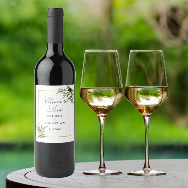Elegant Green Gold Botanical Cheers Custom Wedding Wine Label (Creator Uploaded)