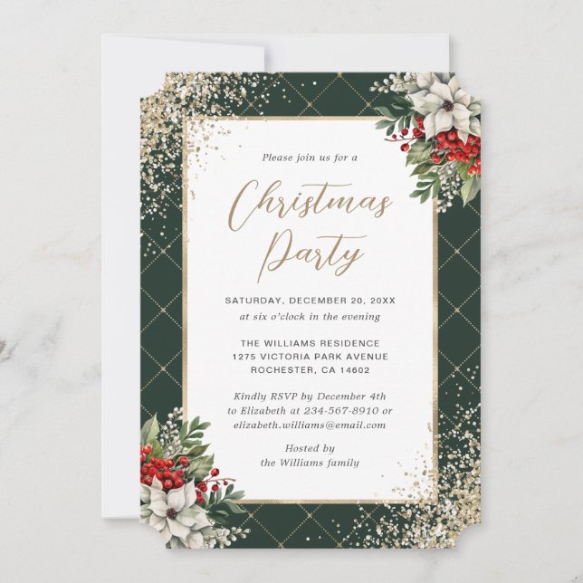 Elegant Green Gold Botanical Christmas Party Invitation (Front)