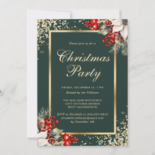 Elegant Green Gold Botanical Christmas Party Invitation