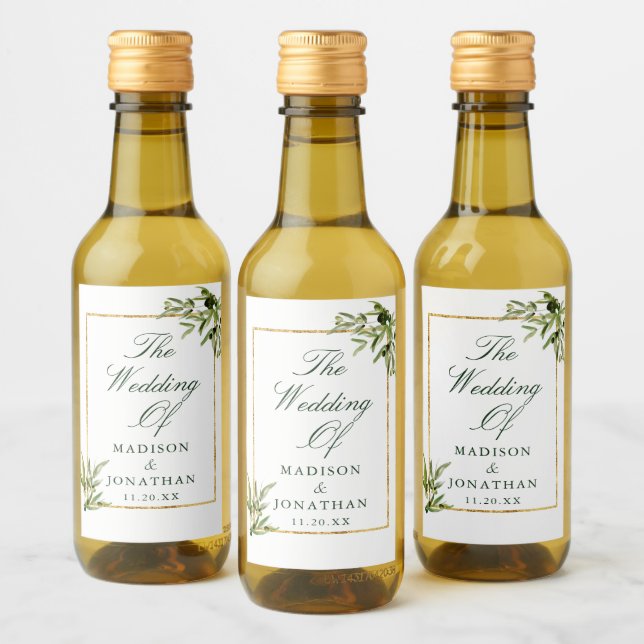 Elegant Green Gold Botanical Custom Wedding Mini Wine Label (Bottles)