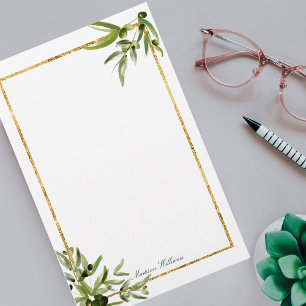 Elegant Green Gold Botanical Leaf Monogram Stationery