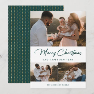 Elegant Green Gold Calligraphy Photo Collage Holiday Card