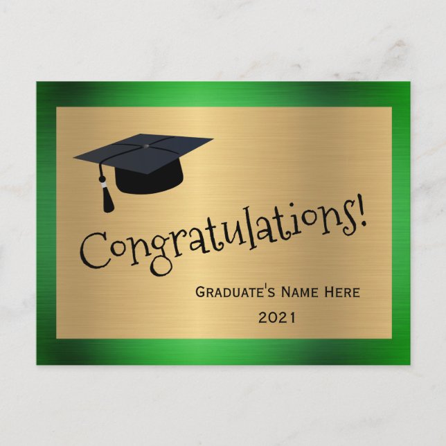 Elegant Green Gold  Cap Congratulations Graduation Postcard (Front)