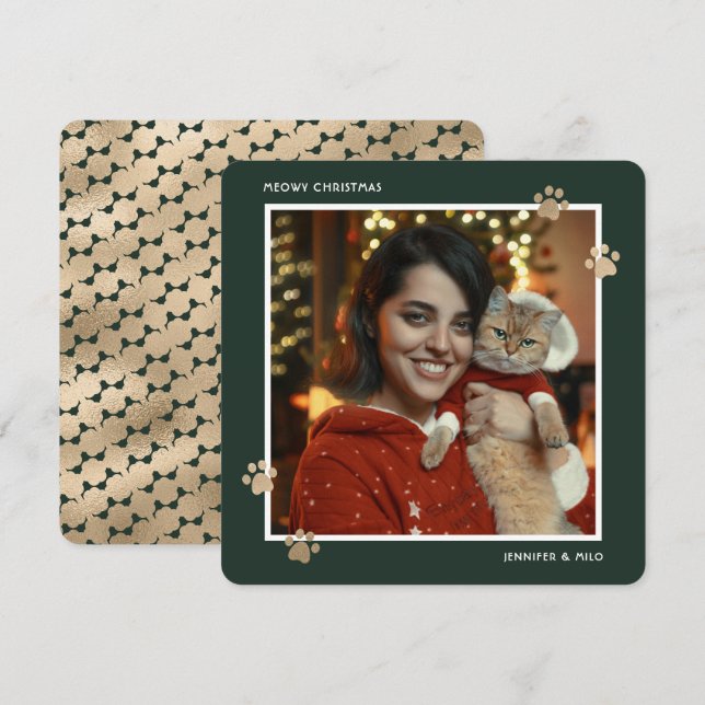 Elegant Green Gold Cat Owner Photo Meowy Christmas Holiday Card (Front/Back)