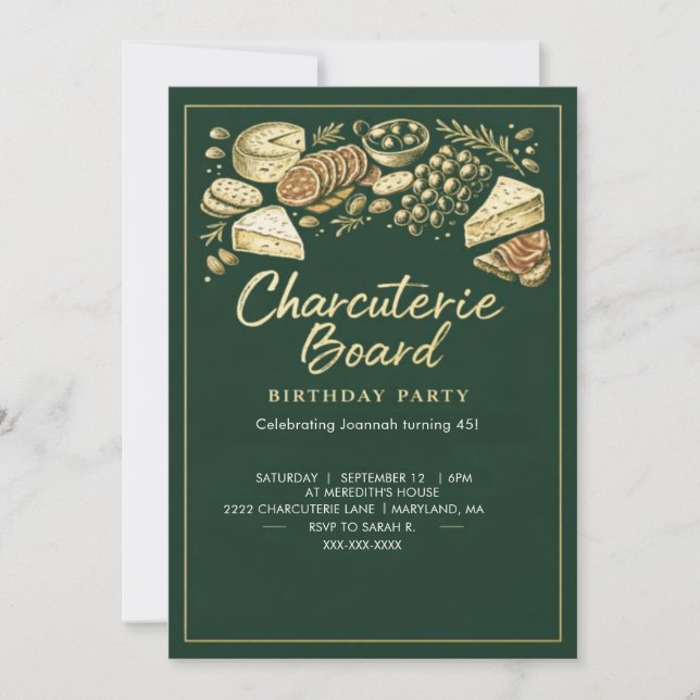 Elegant Green & Gold Charcuterie Board Birthday Invitation (Front)