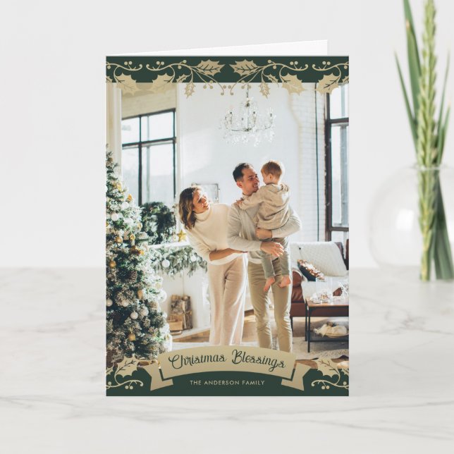 Elegant Green Gold Christian Photo Holiday Card (Front)