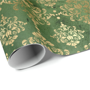 Elegant green & gold Christmas damask pattern Wrapping Paper